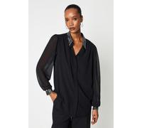 Principles Women's Black Sequin Collared Shirt in Silver | Size: 14 Principles Silver 14