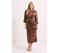 Principles Women's Buckle Detail Twist Front Satin Jacquard Midi Dress in Brown | Size: 14 Principles Brown 14