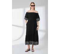 Principles Women's Crinkle Viscose Embroidered Bardot Midi Dress in Black | Size: 10 Principles Black 10