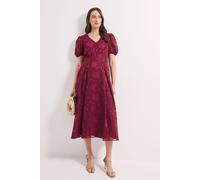 Principles Women's Floral Jacquard Puff Sleeve Midi Dress in Wine | Size: 14 Principles Wine 14