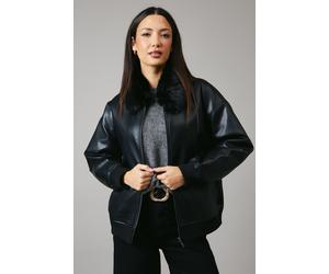 Principles Womens Fur Collar Faux Leather Bomber - Black - Size 10 UK