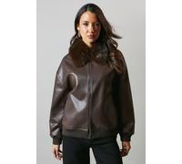 Principles Womens Fur Collar Faux Leather Bomber - Chocolate - Size 14 UK
