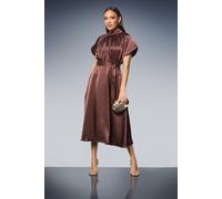 Principles Women's Gathered Neck Flared Skirt Satin Midi Dress in Chocolate | Size: 12 Principles Chocolate 12