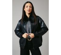 Principles Womens Jacket Black Fur Collar Faux Leather Bomber Slim Fit