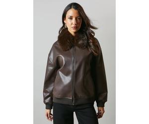 Principles Womens Jacket Chocolate Fur Collar Faux Leather Bomber Slim Fit