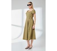 Principles Women's Olive Square Neck Belted Linen Midi Dress | Size: 16 Principles Olive 16
