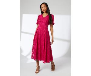 Principles Womens Pink Floral Jacquard Puff Sleeve Midi Dress - Size 14 UK