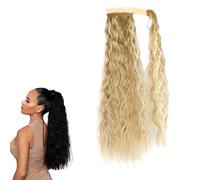 Prinfantasy Corn Wave Ponytail Magic Paste One Piece Curly Wrap Around Hair Extension, Long Fluffy Synthetic, Bleach Blonde GBMW063, 22 Inch