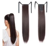 prinfantasy Straight Ponytail Extensions Long Wrap-around Pony Tail Synthetic Clip-on women鈥檚 wig Dark Brown Hairpiece 22 Inch,GBMW047