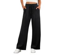 PrinStory Black Trousers Women Elasticated Waist Straight Leg Stretch Yoga Pants Casual Drawstring Office Work Trousers with Pockets (Black, S)