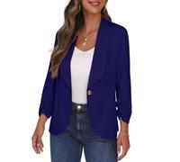 PrinStory Blazer For Women Lapel Collar 3/4 Ruched Sleeves Suit Jacket One Button Cardigan Cropped Blazer Office Casual Wear (Deep Blue, UK 20)