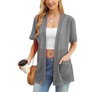 PrinStory Cardigans For Women Lightweight Short Sleeve Ladies Cardigans With Pocket Causal Open Front V Neck Outerwear UK 18-20 (Smoky Grey, XL)