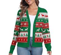 PrinStory Christmas Cardigans for Women UK Knitted Women's Jumpers Xmas Cardigan Open Front Sweaters Button Down Long Sleeve Tops Knitwear (Christmas Green, L)