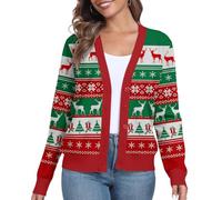 PrinStory Christmas Cardigans For Women Uk Knitted Women's Jumpers Xmas Cardigan Open Front Sweaters Button Down Long Sleeve Tops Knitwear (Christmas Red, L)