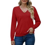PrinStory Jumper For Women V Neck Jumpers Sweatshirt Ladies Casual Classic Plain Pullover Knit Long Sleeve Sweatshirt Knitwear For Christmas Winter Fall Spring (Red, S)