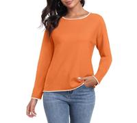 PrinStory Jumpers For Women Crew Neck Knit Pullover Long Sleeve Sweaters Colour Clash Women'S Knitwear (Orange Red, XL)