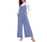 PrinStory Jumpsuits For Women Uk Sleeveless Round Neck Playsuits Long Lightweight Summer Beach Party Ladies Dungarees Wide Leg Casual Pants (Vg White Blue, M)