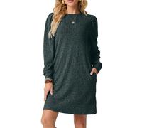 PrinStory Ladies Jumper Dress for Women UK Winter Long Sleeve Round Neck Pullover Mini Dress with Side Pocket (Dark Green, M)