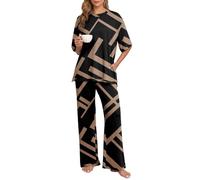 PrinStory Ladies Pyjamas Nightwear Short Sleeve Sleepwear Knit Side Split T-Shirt And Straight Leg Long Soft Pajama Trousers Home Elegant Nightwear (Black Rectangle, S)