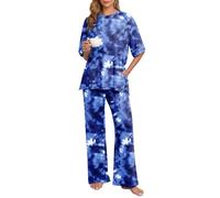 PrinStory Ladies Pyjamas Pjs Sets Nightwear Short Sleeve Sleepwear Knit Side Split T-Shirt And Straight Leg Long Soft Pajama Trousers Home Summer Nightwear (Tie Dye Blue, L)