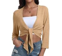 PrinStory Ladies Shrugs Lightweight Cardigan Tie Front 3/4 Sleeve Elegant Casual Shrugs For Spring Summer Top For Women (Khaki,M)