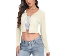 PrinStory Ladies Shrugs Long Sleeves Summer Cardigan for Women Open Front Crop Top Soft Tie Front Lightweight Bolero Outwear (Ivory White, L)