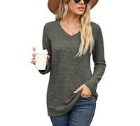 PrinStory Ladies Tops Womens V Neck Jumpers Long Sleeve Solid Color Sweatshirts Basic T Shirt Causal Tunic Tops UK Size 18-20 (Army Green, XL)