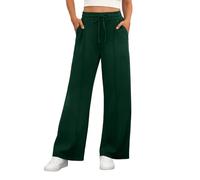 PrinStory Ladies Trousers Elasticated Waist Straight Leg Stretch Yoga Pants Casual Drawstring Office Work Trousers with Pockets (Dark Green, S)