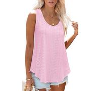 PrinStory Ladies Vests Casual Sleeveless Knit Womens Vest Eyelet Embroidery Vest Tops Women uk Solid Color Crew Neck Women's Vests (Pink, XXL)