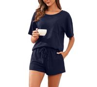 PrinStory Ladies Waffle Pyjamas Short Sleeve Womens Loungewear Sets With Pockets Breathable T-Shirt And Soft Pjs Shorts Summer Sweatsuits