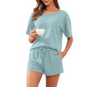 PrinStory Ladies Waffle Pyjamas Short Sleeve Womens Loungewear Sets With Pockets Breathable T-Shirt And Soft Pjs Shorts Summer Sweatsuits