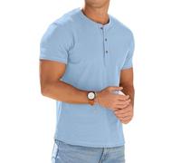 PrinStory Men's Henley T-Shirts Cotton Short Sleeve Tops Casual Summer Muscle Slim Fit Tee For Men Gym Golf Activewear (Light Blue, L)