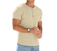 PrinStory Men's Henley T-Shirts Cotton Short Sleeve Tops Casual Summer Muscle Slim Fit Tee For Men Gym Golf Activewear (Beige, S)