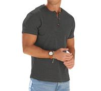 PrinStory Men's Henley T Shirts Summer Short Sleeve Tshirts Casual Grandad T Shirt Crew Neck Basic Tops (Dark Grey, M)