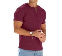 PrinStory Men's Henley T Shirts Summer Short Sleeve Tshirts Casual Grandad T Shirt Crew Neck Basic Tops (Wine Red, S)