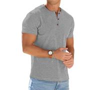 PrinStory Men's Henley T Shirts Summer Short Sleeve Tshirts Casual Grandad T Shirt Crew Neck Basic Tops (Light Grey, S)