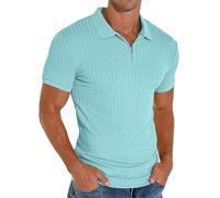 PrinStory Men's Polo Shirts Zip Stripe T Shirt Classic Stretch Slim Fit Tops Golf Work Holidays Spring Summer Polos Tops (Light Blue, L)