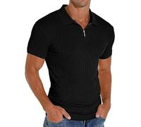 PrinStory Men's Polos Short Sleeve Zip Polo Shirts Stretch Golf Vertical Striped Polo T-Shirt (Black, S)