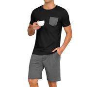 PrinStory Mens Pyjamas Set Round Neck Nightwear Contrasting Colors Loungewear Set Short Sleeve T-Shirt and Shorts (Black-Dark Gray, S)