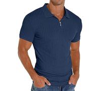 PrinStory Men's Zip Polo Shirts Short Sleeve Adult Polo Shirts Slim Fit Casual Shirts Classic Stretch Polo T Shirt Golf Shirts (Blue, XL)