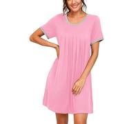 PrinStory Nighties for Women Womens Sleepwear Short Sleeve Nightgown Soft Sleepshirt Pleated Nightshirt Scoopneck Casual Loungewear (Pink, L)