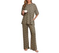 PrinStory Pjs For Women Sets Loungewear Short Sleeve Knit Side Split T-Shirt And Straight Leg Long Soft Pajama Trousers Home Summer Nightwear (Leopard Khaki, XXL)
