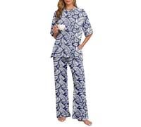 PrinStory Pjs For Women Sets Loungewear Short Sleeve Knit Side Split T-Shirt And Straight Leg Long Soft Pajama Trousers Home Skin-Friendly Nightwear (Dark Blue Palm Leaf, S)