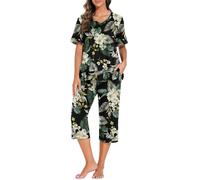 PrinStory Pyjamas For Women Short Sleeve T Shirt And Capri Pants V Neck Loungewear Ruffled Hem Sleepwear Pjs Sets With Pockets (Green Leaf Lily, L)