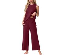 PrinStory Pyjamas For Women UK Sleeveless Pyjamas Crew Neck Pajamas Causal Pjs For Women Sets Tank Tops And Wide Leg Trousers (Wine Red, S)