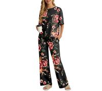 PrinStory Pyjamas For Women UK Summer Short Sleeve Pajamas Crew Neck Nightwear Colour Clashing Side Split Loungewear Sets (Fp-Red Brown Black, XL)