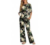 PrinStory Pyjamas For Women UK Summer Short Sleeve Pajamas Crew Neck Nightwear Colour Clashing Side Split Loungewear Sets (Fp-Green Leaf Lily, M)