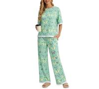 PrinStory Pyjamas For Women UK Summer Short Sleeve Pajamas Crew Neck Nightwear Colour Clashing Side Split Loungewear Sets (Fp-Green Butterfly, XL)