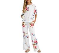 PrinStory Pyjamas For Women UK Summer Short Sleeve Pajamas Crew Neck Nightwear Colour Clashing Side Split Loungewear Sets (Fp-Rose White, S)