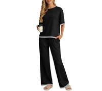 PrinStory Pyjamas For Women UK Summer Short Sleeve Pyjamas Crew Neck Nightwear Colour Clashing Side Split Loungewear Sets (Black, M)